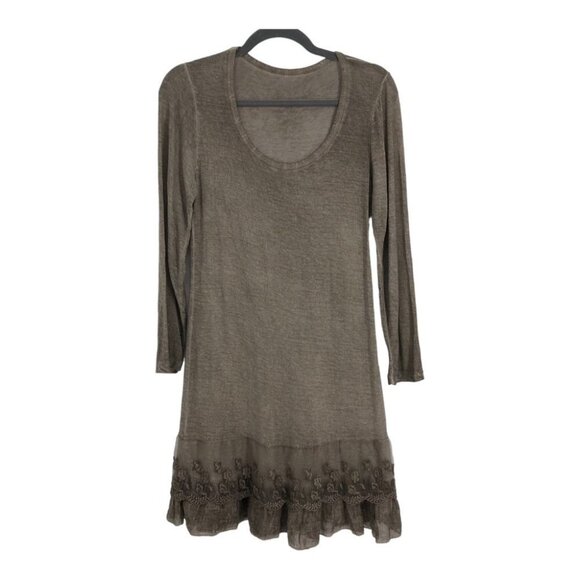 Boutique Taupe Lace Tiered Ruffle  Flowy Round neck Long Sleeve Tunic Dress - Picture 1 of 16